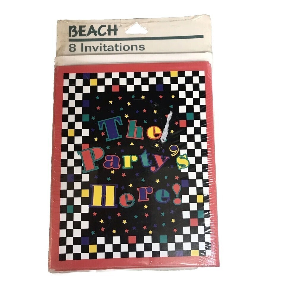 Vintage 80’s Retro Block Design Party Invitation & Envelopes 8 Pack By Beach